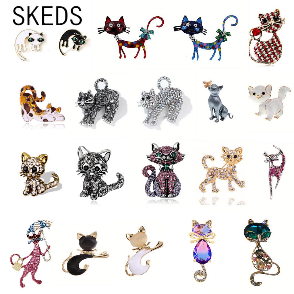 SKEDS Women Men Fashion Creative Exquisite Cute Cat Crystal Pin Lovely Kitten Rhinestone Delicate Kitten Enamel Brooch Badges
