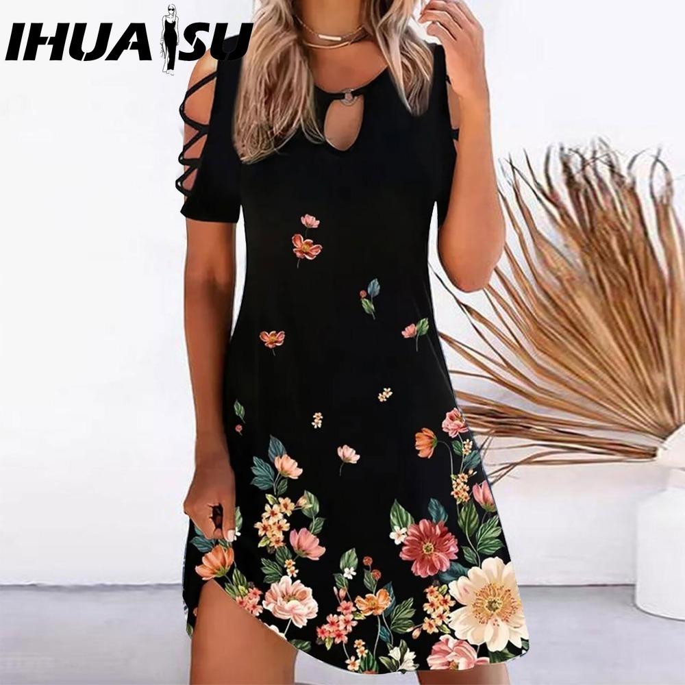 IHUASU 13 Farben Damen Kleid mit Blumenmuster Sommer Sexy Kurzarm O-Ausschnitt Mini Kleider Weiblich Vintage Elegantes Kleid