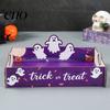 Holiday Home Decoration Halloween Witch Decorative Wood Serving Tray with Handle, Ghost Pumpkin Castle Table Decor Trick or Treat Dessert for