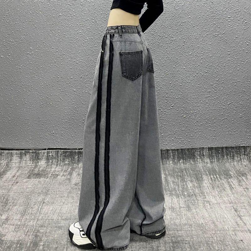 

Женские джинсы American Side Striped Color Block с широкими штанинами больших размеров, осенние свободные узкие универсальные драпированные брюки XL