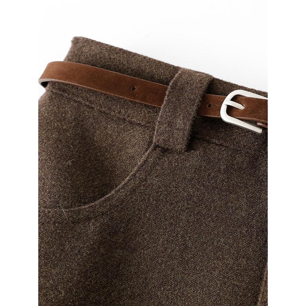 Plus Size Coffee Woolen Pencil Skirt for Women - High Waist, Slimming, A-line, Short Skirt for Spring & Autumn