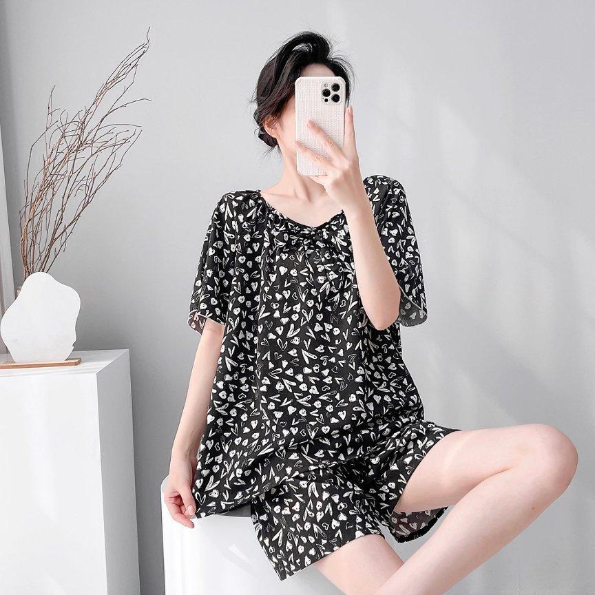 1011 New cotton and silk pajamas women's spring summer short-sleeved shorts printed suit cute fashion loungewear