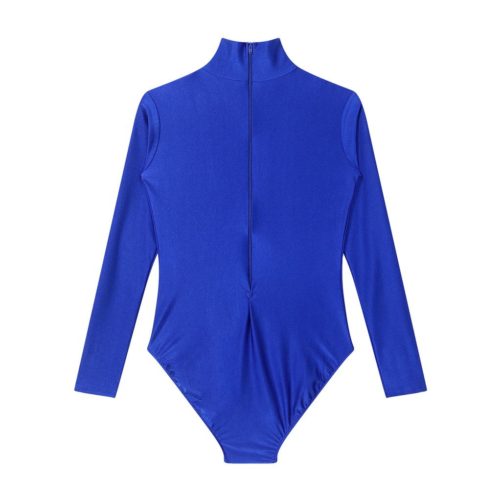 Dámský jednobarevný body s dlouhým rukávem, design s rolákem, zapínání na zip vzadu, pružný trikot, oblečení na gymnastiku a akrobacii