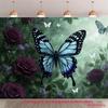 2D Blue Butterfly Backdrop Dark Purple Rose & Green Leaves Photography Background