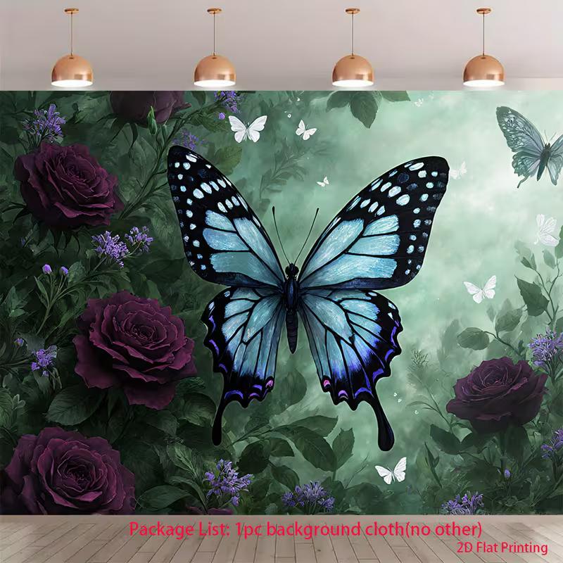 2D Blue Butterfly Backdrop Dark Purple Rose & Green Leaves Photography Background 47.2x31.5inch/120*80cm