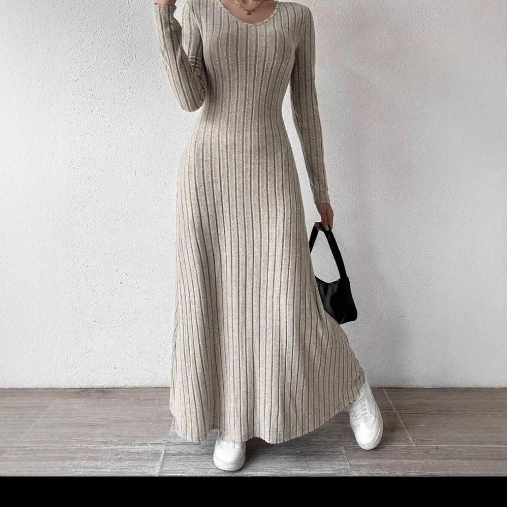 Fashionable Knitted Long Sleeve A- Line Streetwear Dress Women Smooths and Slims Your Silhouette Solid Color Long Dress