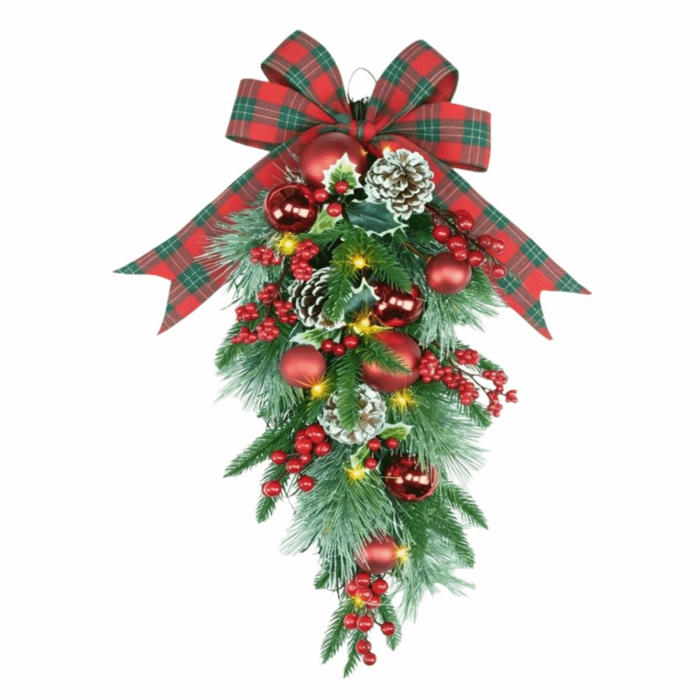 Realistic Artificial Christmas Wreath Pine Needles Droplet Style Wall Hanging Christmas Garland Teardrop Shape Red Berries