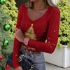 Women's Winter Slim-Fit Base Layer T-Shirt Fashionable Christmas Print V-Neck Pullover Long-Sleeved Top