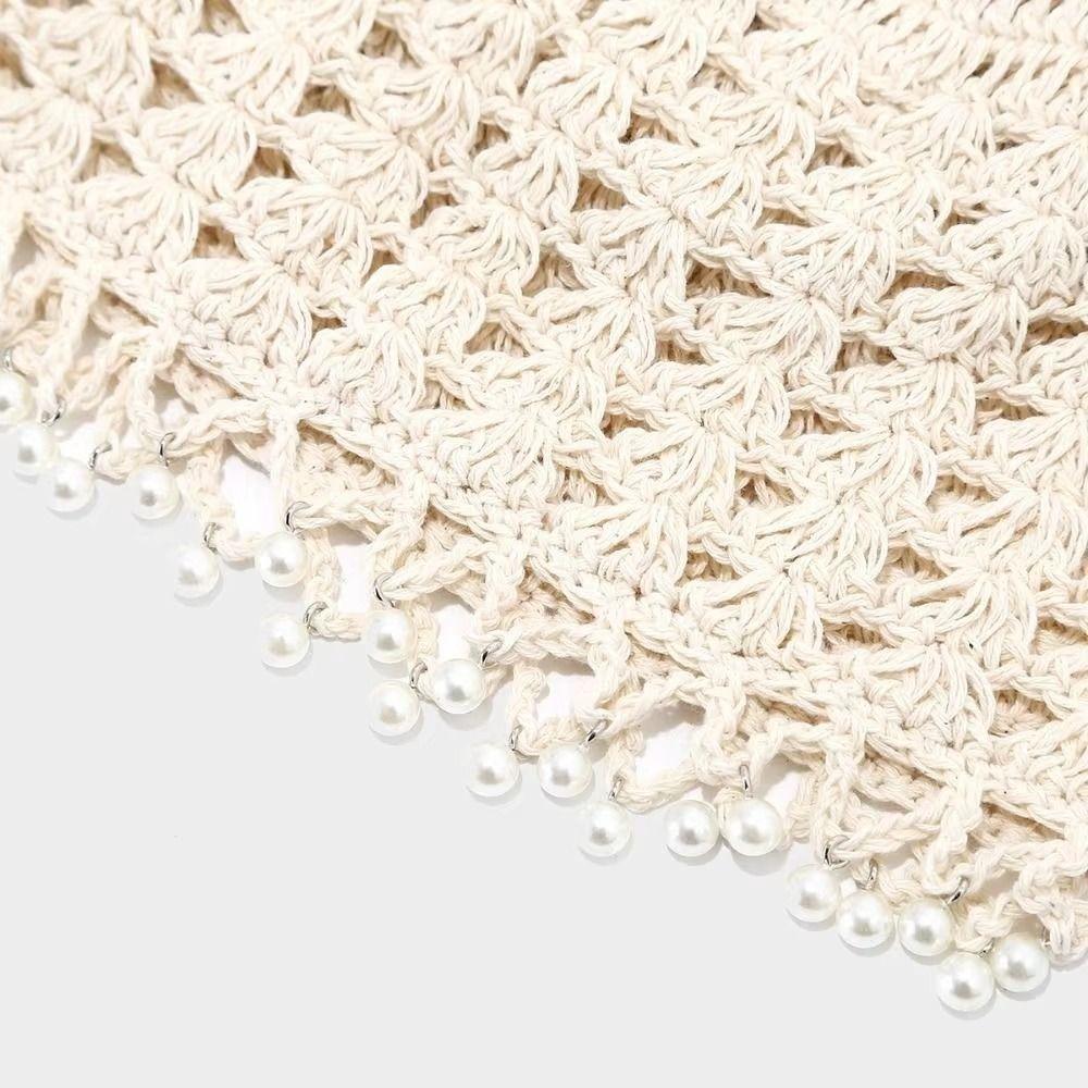 Fashion Hollowed Out Knitted Hat Pearl Fringed Breathable Beret Cap Round Beads Woven Hat For Women