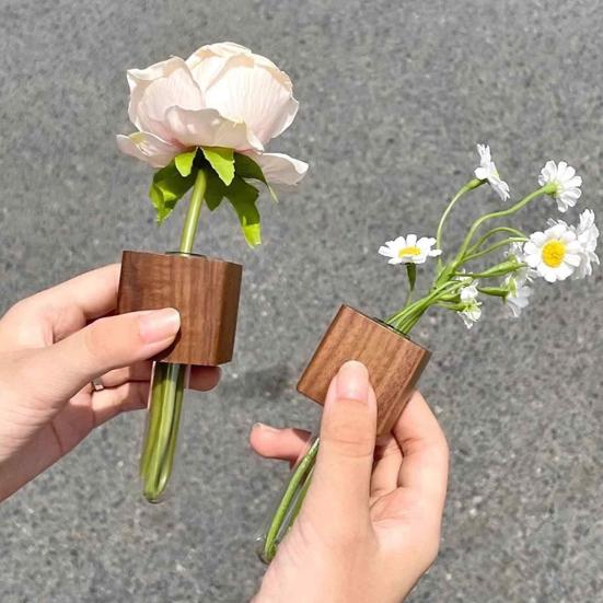 2 ks Mini Váza Magnet na Lednici Nástěnná Váza 3D Magnetický Dřevěný Držák na Vázu se Zkumavkou Připevnění na Lednici Váza do Kuchyně Ložnice Kanceláře