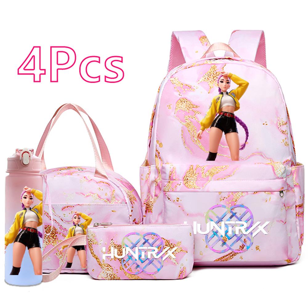 4Pcs/set New Cartoon K-Pop Printed Backpack Handbag Pencil Case with 750Ml Water Bottler for Teenager Boy Girl Schoolbag Large Capacity Bookbag