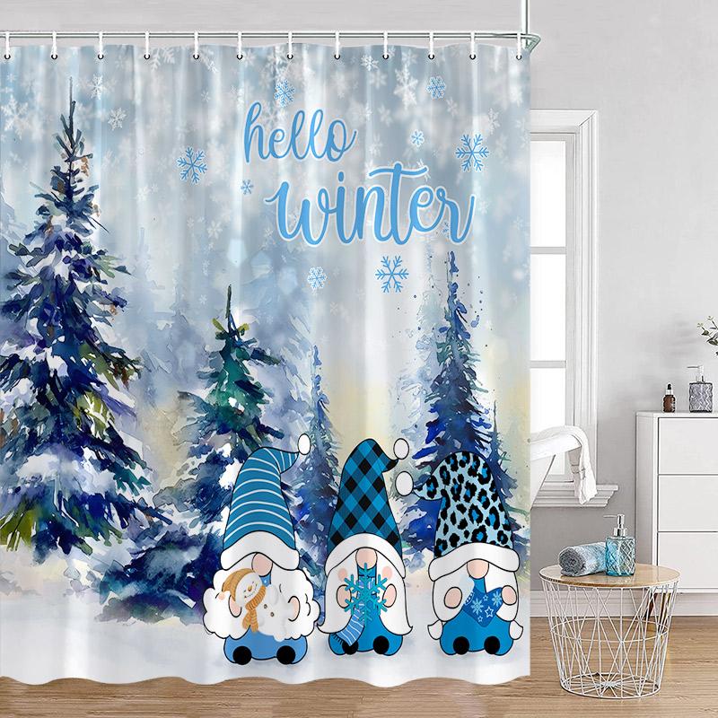 Funny Christmas Shower Curtain Red Santa Claus Cute Blue Snowman Winter Forest Landscape Cloth Home Bathroom Decor Bath Curtains