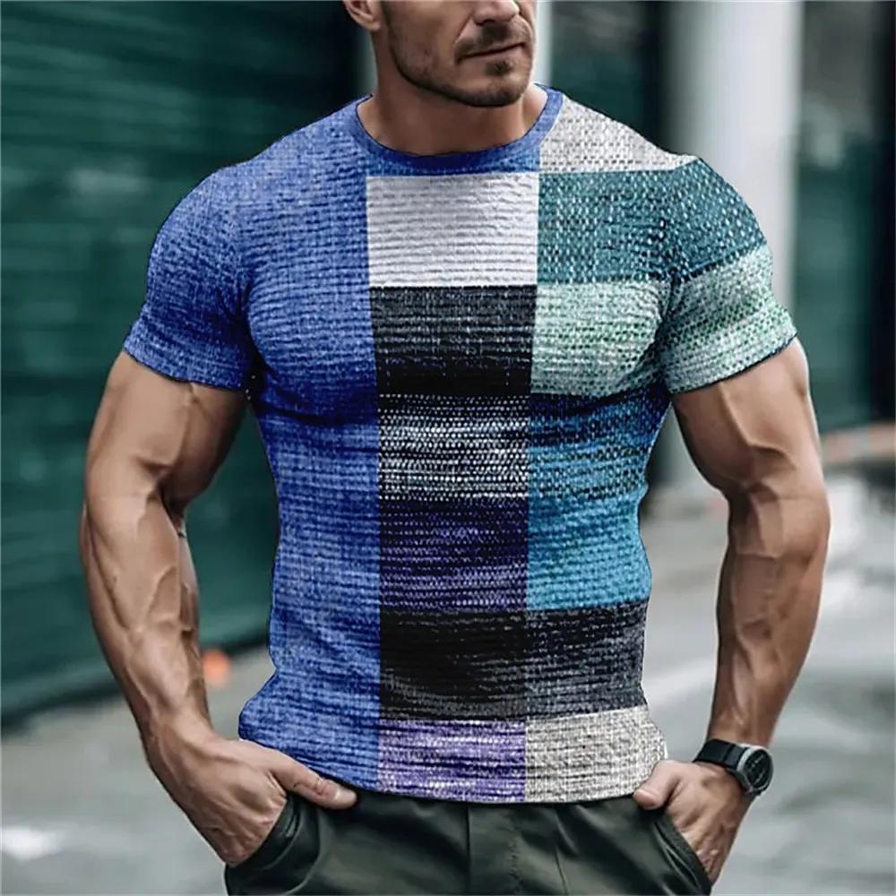 Fashion Simple Striped Plaid Summer Men's Short Sleeve T-shirt Street Trend O Collar Loose Casual Tops Tees Size XXS-6XL