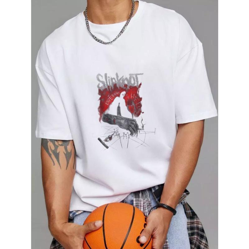 White T-Shirt with Slipknot Logo and Red Black Graphic Design for Music Fans and Casual Wear