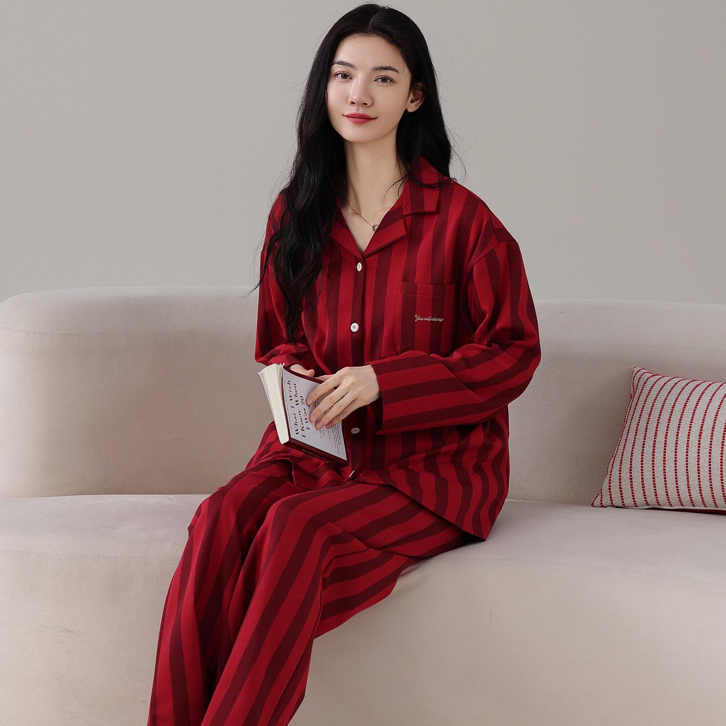 

Пижамный комплект из чистого хлопка - Красный кардиган, длинный рукав, длинные брюки для пар M