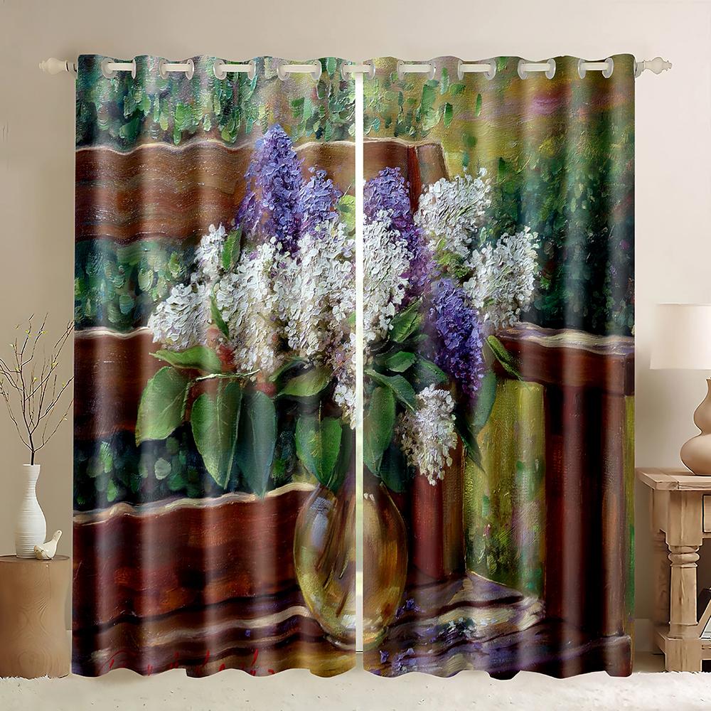 Oil Painting Floral Thick Blackout Window Curtains,Pink Rose Colorful Flowers Curtain Printed,Romantic Floral Window Curtains