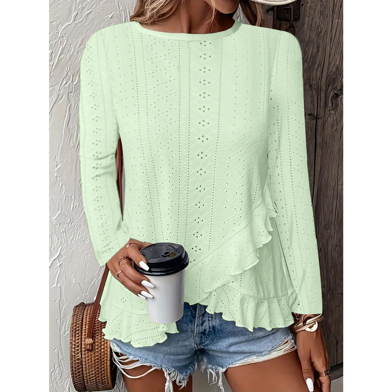 

IHUASU Весна-лето женская модная повседневная однотонная футболка с длинным рукавом и круглым вырезом XL светло-зеленый