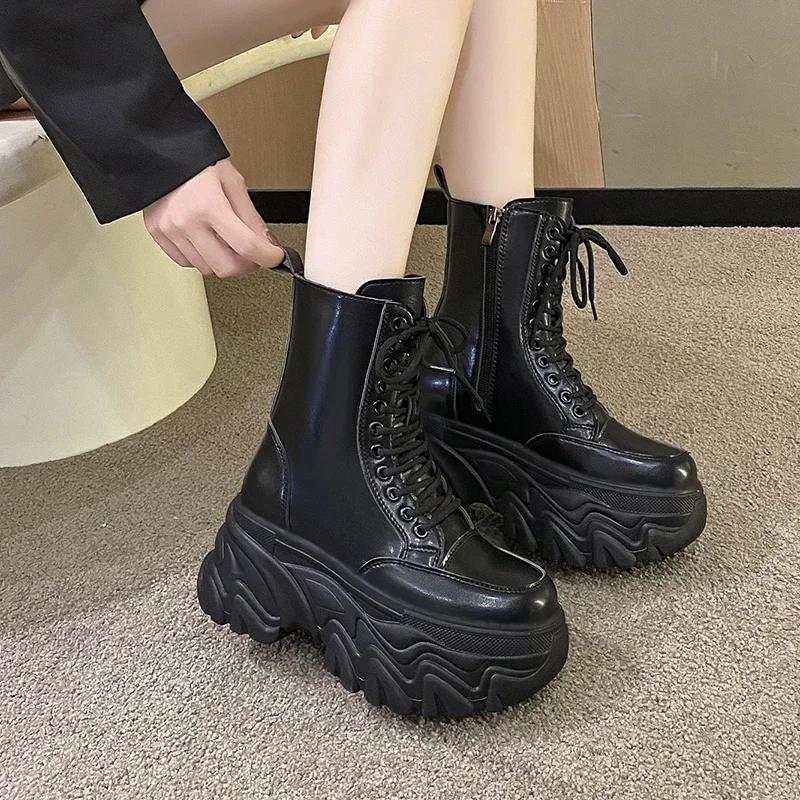 Fashion Winter Goth Platform Mid-Calf Boots 2024Autumn 8.5CM Leather High Heels Motorcycle Shoes Women Chunky Punk Sneakers Chelsea Boot