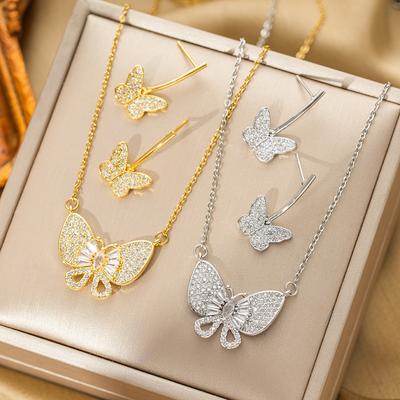 High-end Full-diamond Butterfly Zircon Jewelry Necklace Earrings Fashion Light Luxury Jewelry Set