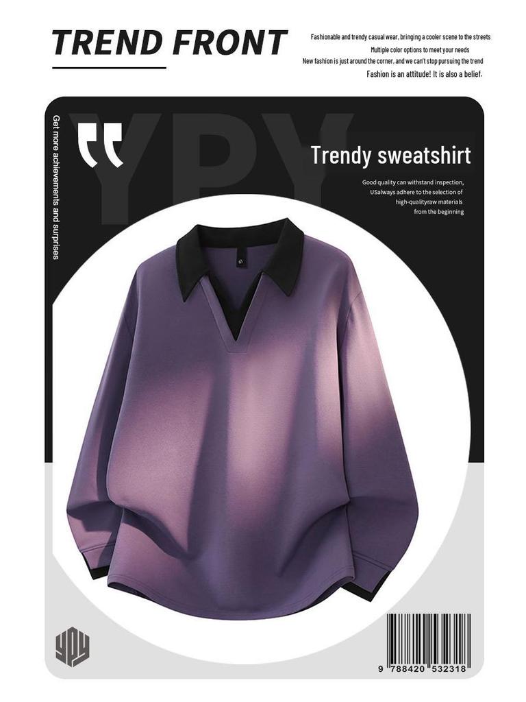 Men's Plus Size Winter Hoodie Polo Shirt, Patchwork V-Neck Base Layer, Thickened Two-Piece Style