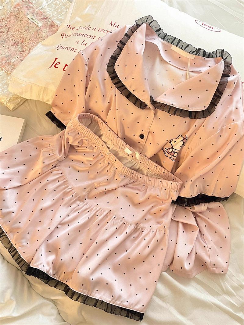 

Pink polka dot Kitty cat pajamas women s summer short-sleeved shorts lace lace two-piece set girl ins loungewear S