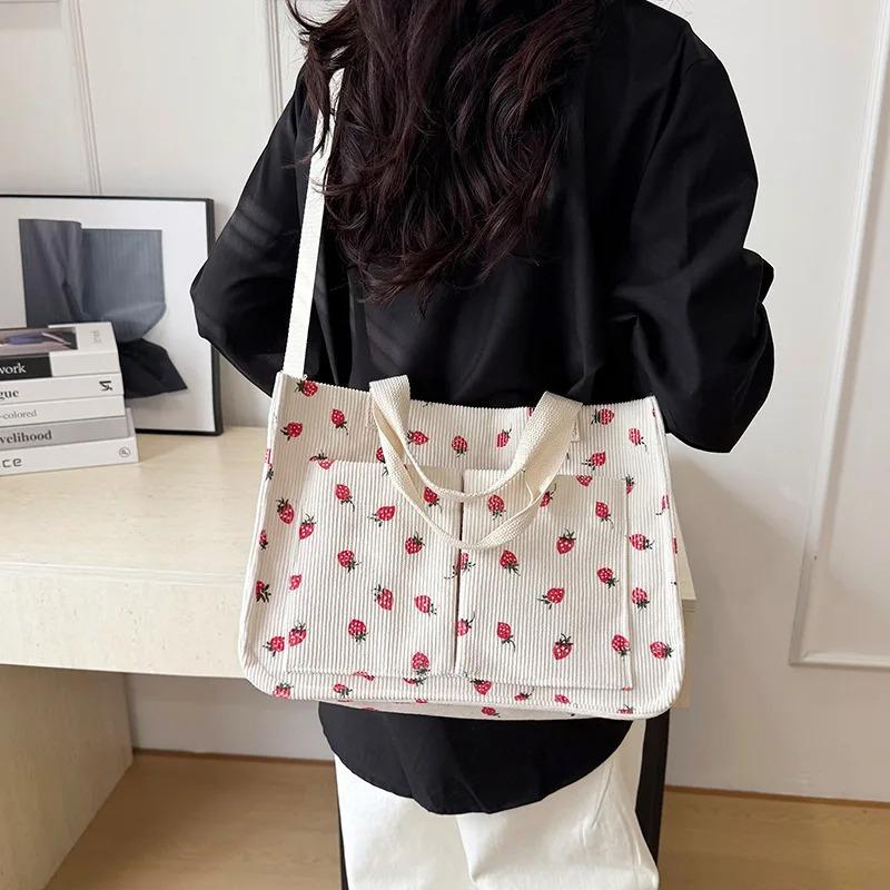 Sweet Strawberry Print Corduroy Shoulder Bags for Women Large Capacity Ladies Multi-Pocket Crossbody Bag Bow Handbags Tote