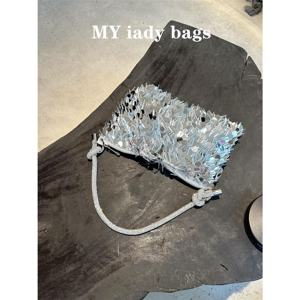 Vintage Silver Sequined Bag Glitter Fringed Portable Vintage Messenger Chain Shoulder Bag Women's Small Bag Dinner Bag