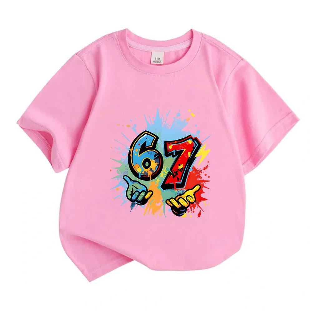 Kids Boys Girls 100% Cotton Crew Neck Short Sleeve T-Shirt, Casual Graffiti 67 Graphic Tee, Breathable Soft Summer Tops for Daily Wear School Holiday