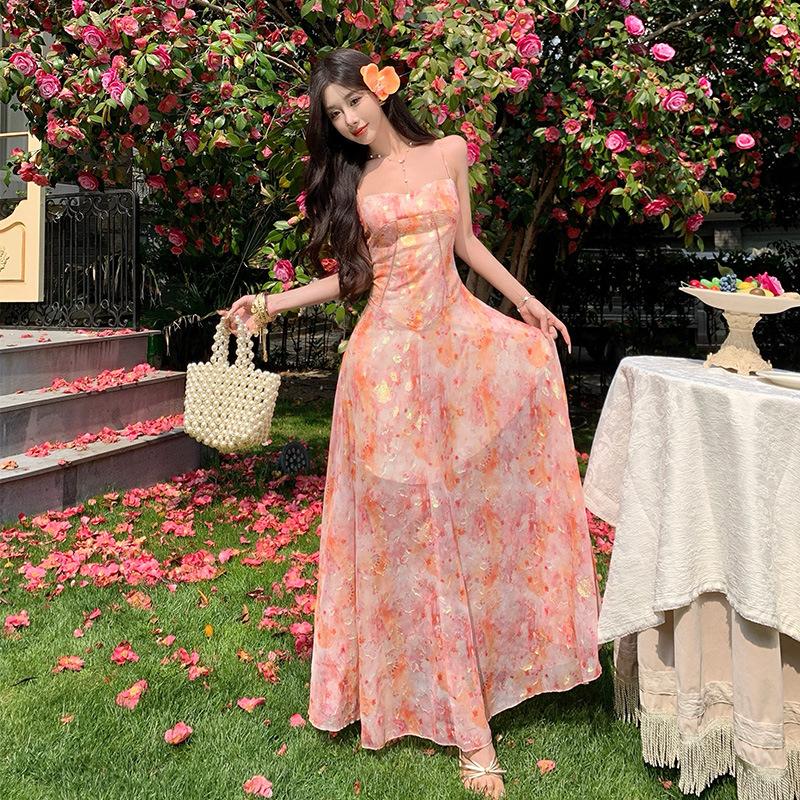 Sommer Neues Jacquard Chiffon Trägerkleid Meeresurlaub Gefühl Schmale Taille Langes Kleid Damen