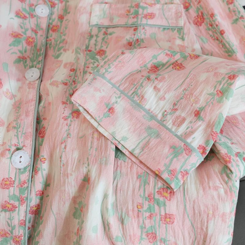 Blumendruck Damen Herbst Zweiteiliges Pyjama-Set Langarm V-Ausschnitt Oberteil Elastische Taille Hose 2 Teile Weibliche Schlafbekleidung Nachtwäsche