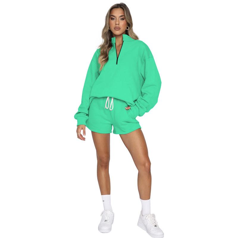 New Autumn-Winter Pure Color Stand Collar Zipper Pullover with Long Sleeves and Shorts: Women's Fashion Set