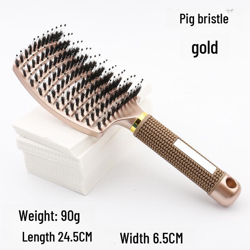 Large Anti-Static Curved Massage Comb for Curly Hair - Pig Bristle, Nine-Row, Plastic