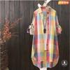 Women's Point Collar Long Sleeve Plaid Blouse Loose Fit Casual Cotton Tunic Shirt Outerwear
