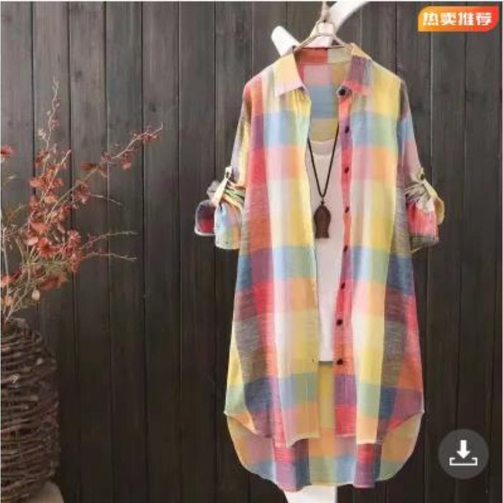 Women's Point Collar Long Sleeve Plaid Blouse Loose Fit Casual Cotton Tunic Shirt Outerwear