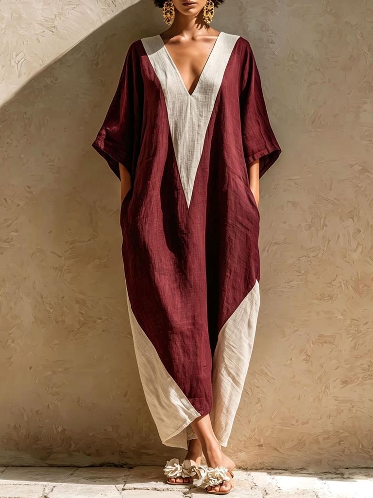 European and American summer new women's clothing medium-sleeved V-neck contrasting color loose women's long dress