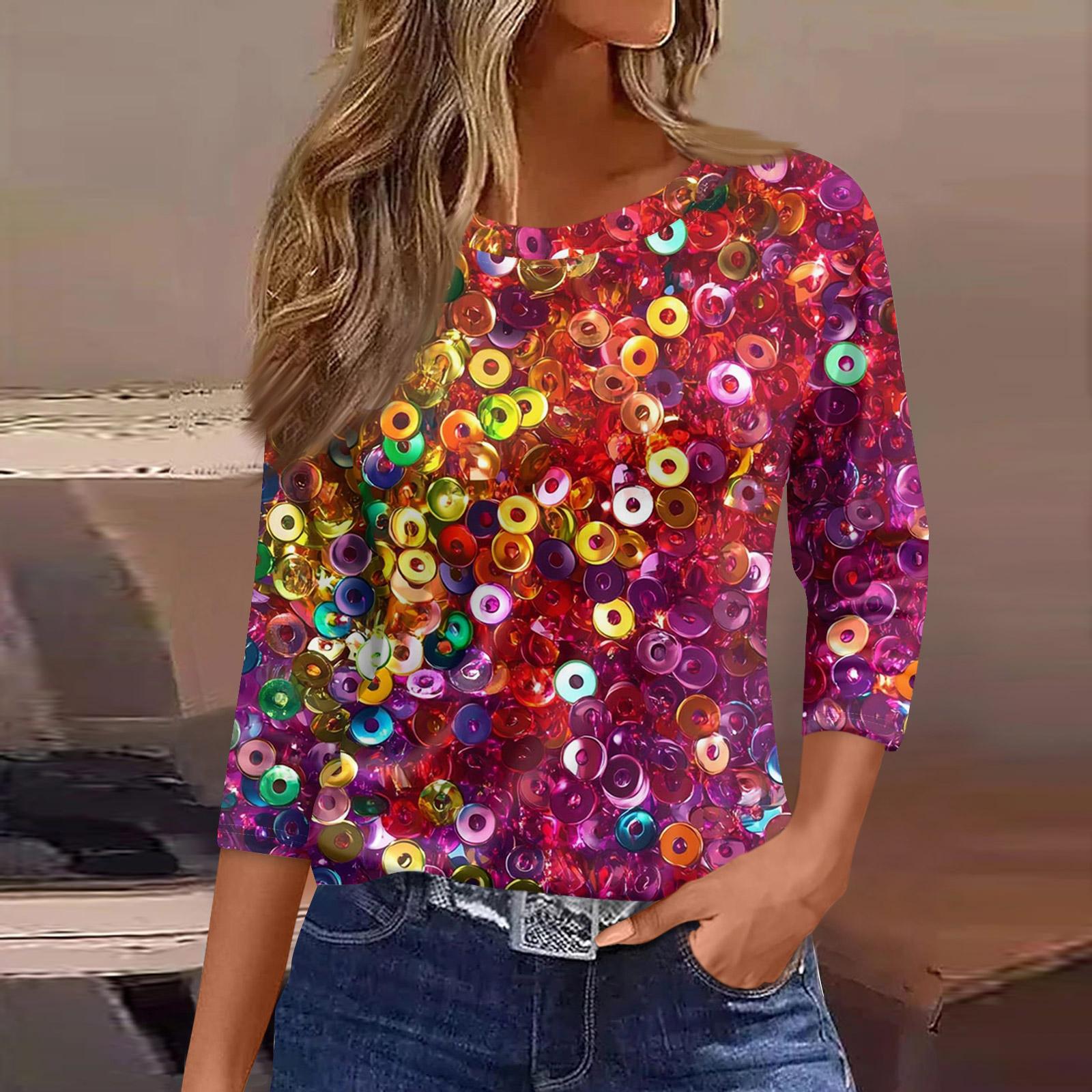 

3/4 Length Sleeve Womens Tops Floral Print Vintage Fashion Casual Loose With Round Neck Plus Size Shirts S винный