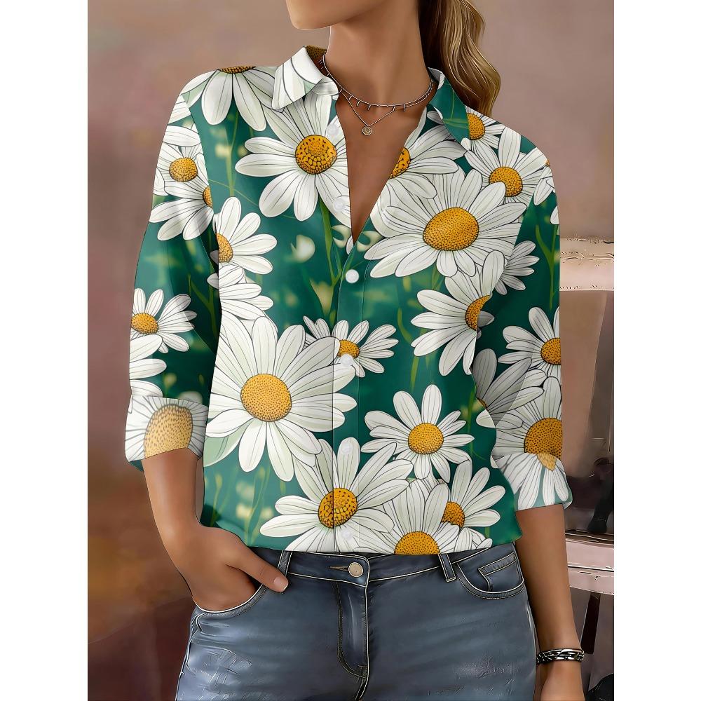 Women's long-sleeved shirt, fresh daisy floral design, comfortable, breathable and skin-friendly