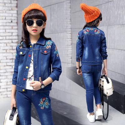 Children Girls Autumn Spring Clothing Set Baby Kids Embroidered Clothing Sets Fashion Denim Jacket + Jean Pant 2 Pcs Suit Set