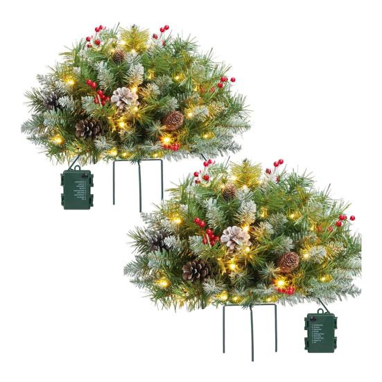 Pre-lit Christmas Tree Urn Filler Battery Operated Artificial Xmas Tree with Cones Berries Holiday Porch Planter Filler with Tripod Stake And LED