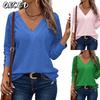 Women's Fashion Casual Solid Color Print Long Sleeve V Neck Blouses & Shirts