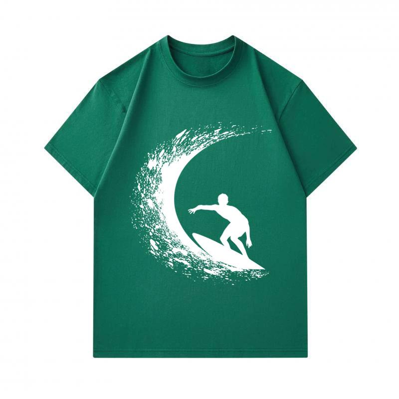 Men's 100% Cotton Crew Neck Short Sleeve T-Shirt, Cool Surfer Curl Wave Silhouette Print Casual Summer Breathable Tee Top For Daily Wear