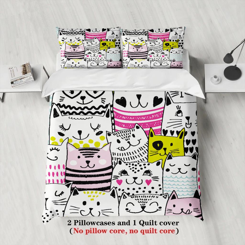 3pcs Cutel Cats Duvet Cover Cartoon Cat Pattern 3DPrint Gifts For Students Girls 100% Polyester Bedding Sets With 2Pillowcases
