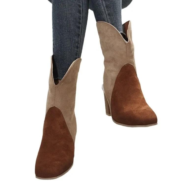 Retro Women Mid Calf Boots Handmade Round Toe Splicing Square Heel Autumn Winter Women's Boots Cowboy New Western Fashion Botas