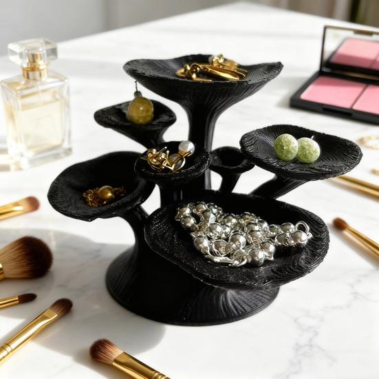 Siyah Mantar Takı Standı 3D Baskılı 7 Katlı Takı Tutucu Masaüstü Küpe Ağacı Yüzükler Kolyeler Bilezikler Anahtarlar Saklama Tuvalet Masası Dekoru