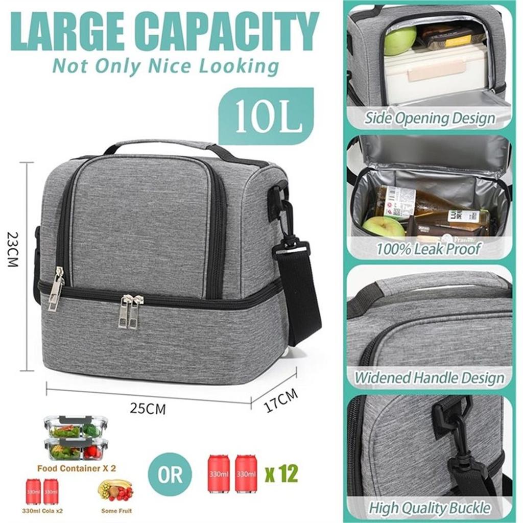 Insulated Lunch Bag for Men & Women, Double-Layer Leakproof Cooler with Adjustable Strap for Office, Picnic, Beach