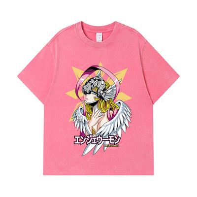 Camisetas Lavadas 275 GSM 100% Algodão Estampa Digimon V5 Angewomon Unissex Camiseta Pesada de Algodão