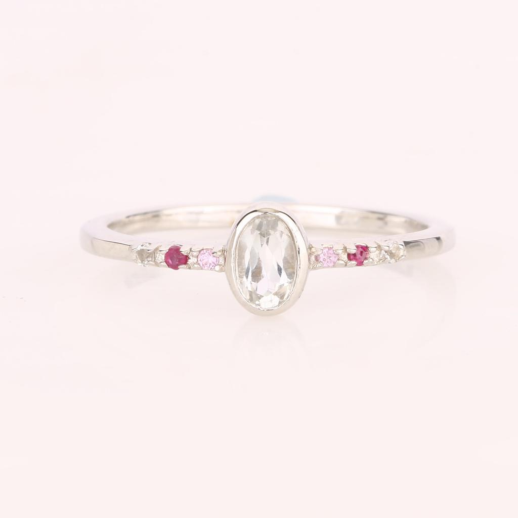 925 Sterling Silver Ring White Topaz Oval 5x3mm Pink Sapphire Ruby Multi Gem Rhodium or Yellow Gold Plated Women Jewelry