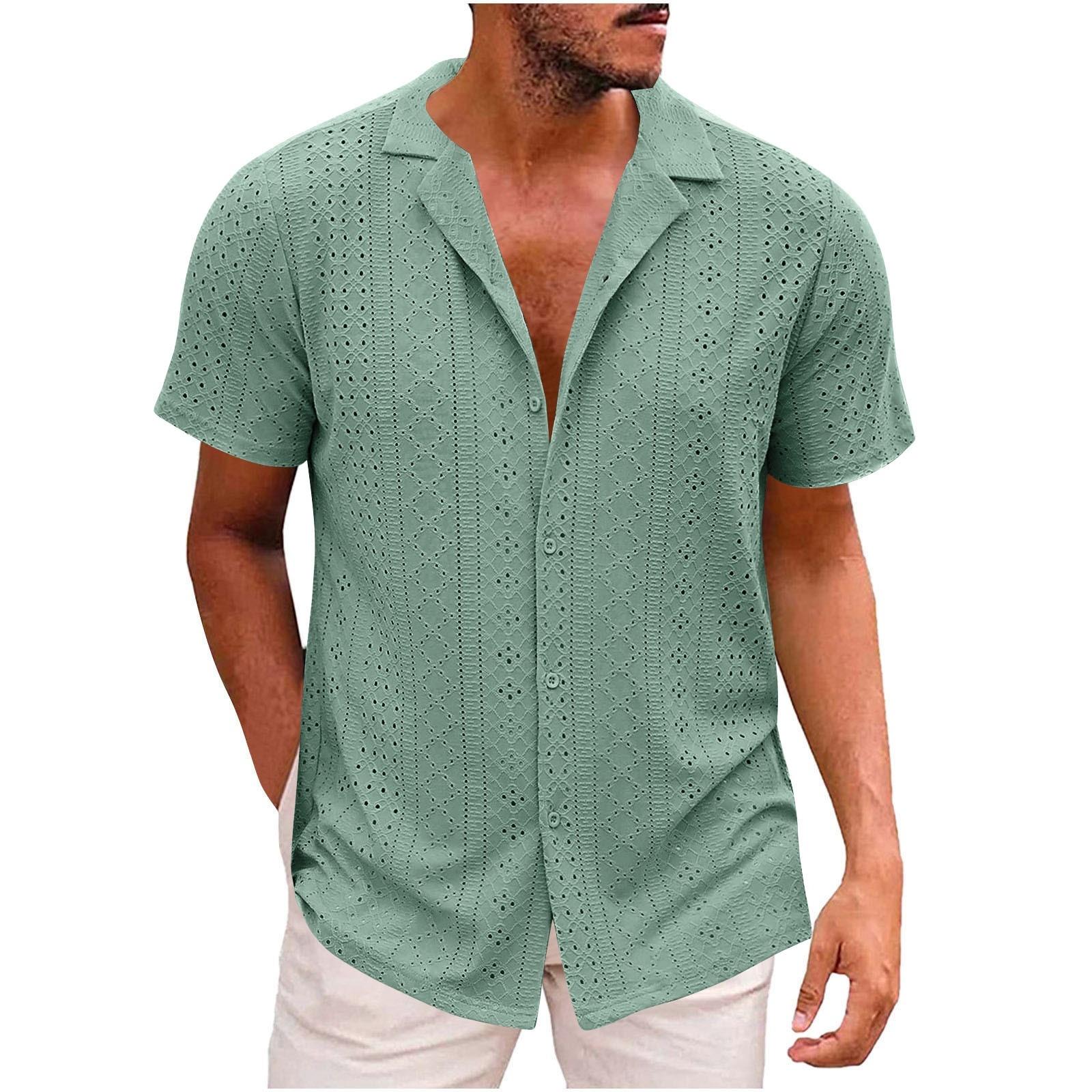 Men s Casual Fashionable Short-sleeved Shirt - Men s Mesh Fabric Lightweight And Breathable Retro Shirt L