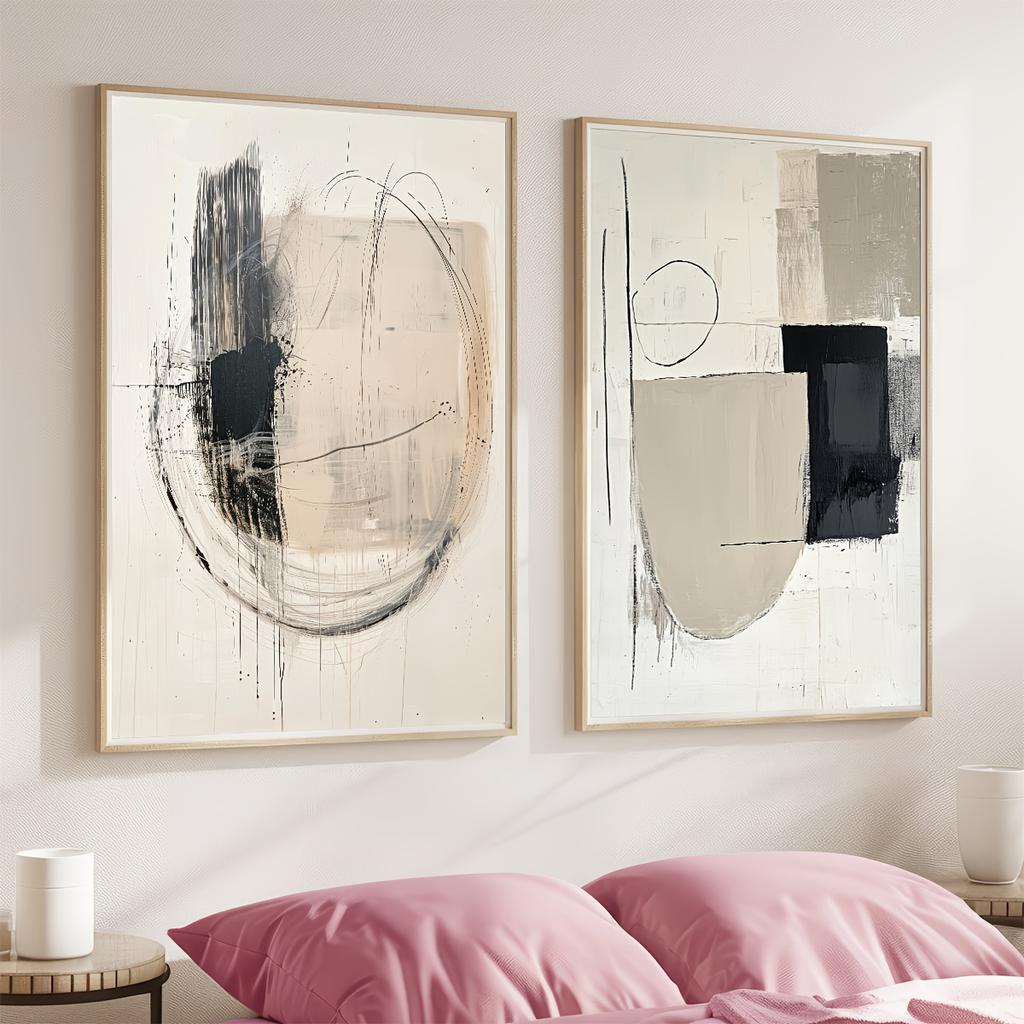 Set of 2 Minimalist Round Geometric Abstract Wall Art Poster Black and Beige Neutral Wall Posters Living Room Bedroom Decor Gift