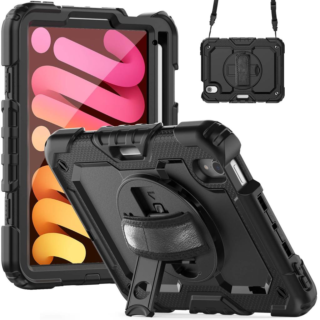 Case for IPad Mini 7 (A17 Pro)2024/ Mini 6 8.3'' with Screen Protector Pencil Holder [360 Rotating Hand Strap] &Stand Shockproof